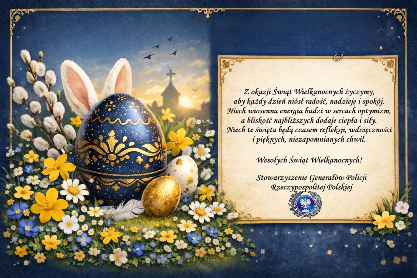Wielkanocne życzenia od Stowarzyszenia Komendantów Policji Polskiej z dekoracją jajek i kwiatów.