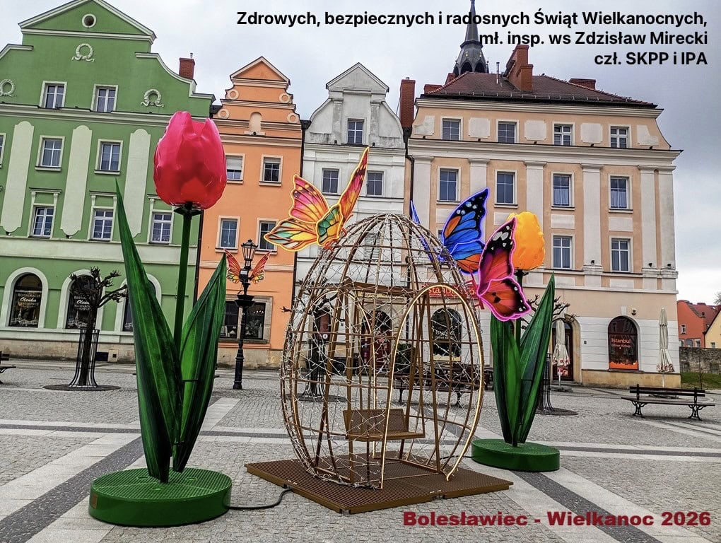 Bezpieczne Święta Wielkanocne, dekoracje z kwiatami i motylami na rynku w Bolesławcu.