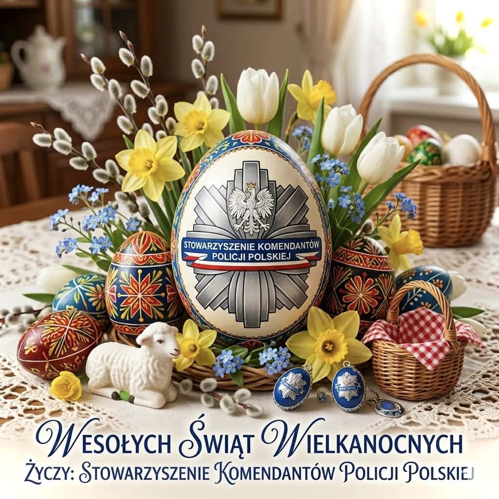 Wielkanocne dekoracje z jajkami, kwiatami i emblematem Stowarzyszenia Komendantów Policji.